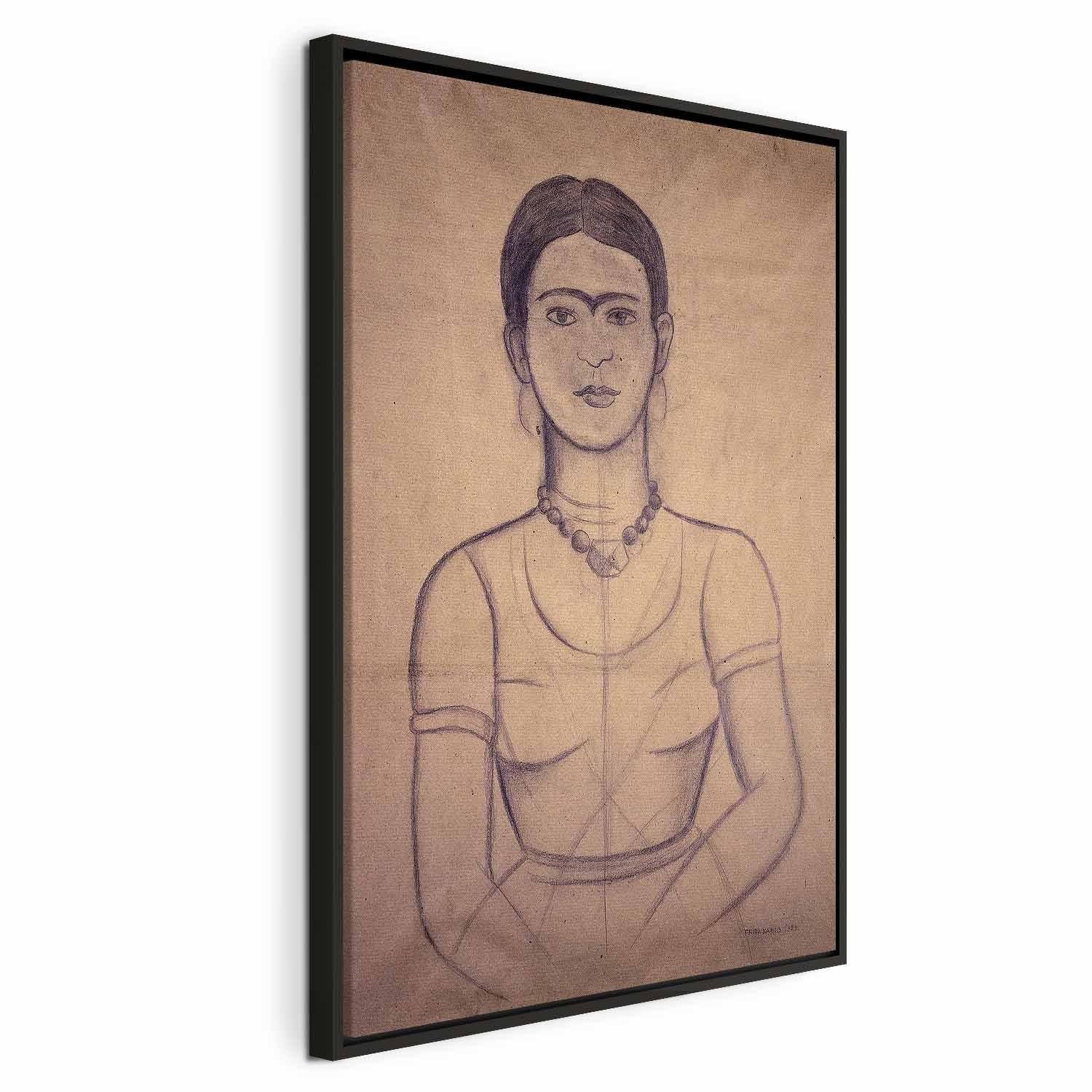 Frida Kahlo Selvportræt 1929 kultegning - billede på lærred i flere størrelser og varianter - 80 x 120 cm - I en sort træramme