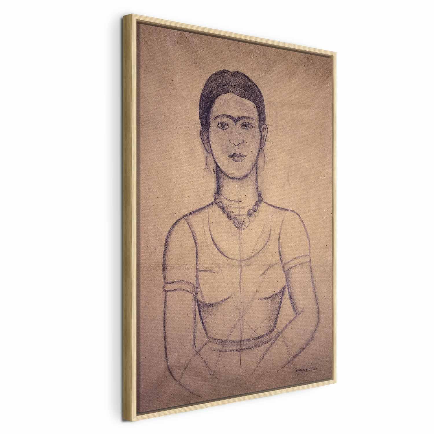Frida Kahlo Selvportræt 1929 kultegning - billede på lærred i flere størrelser og varianter - 80 x 120 cm - I en naturlig træramme