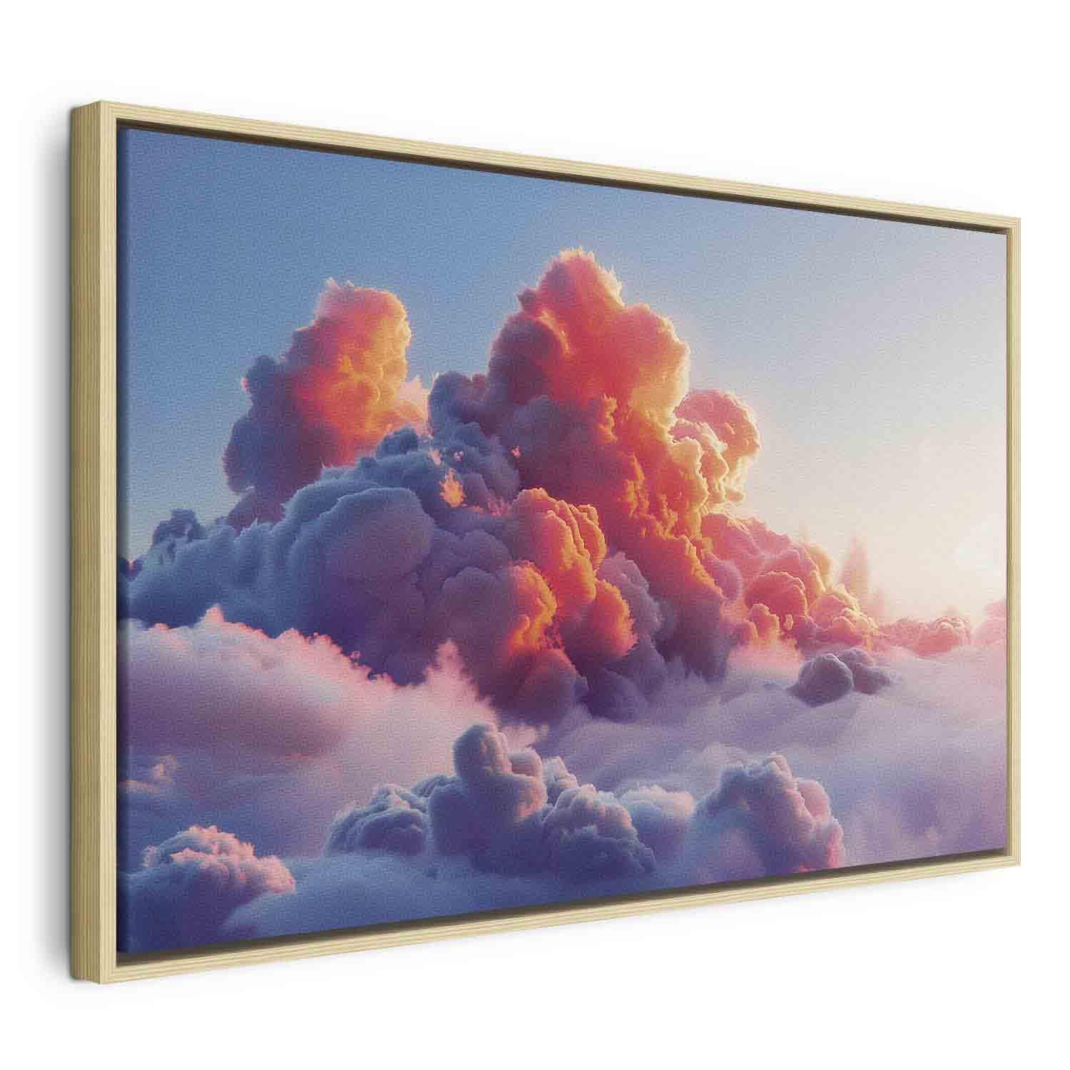 Lærredsbillede Twilight Spectacle - skyer i rosa og violette nuancer - 120 x 80 cm - I en naturlig træramme billede