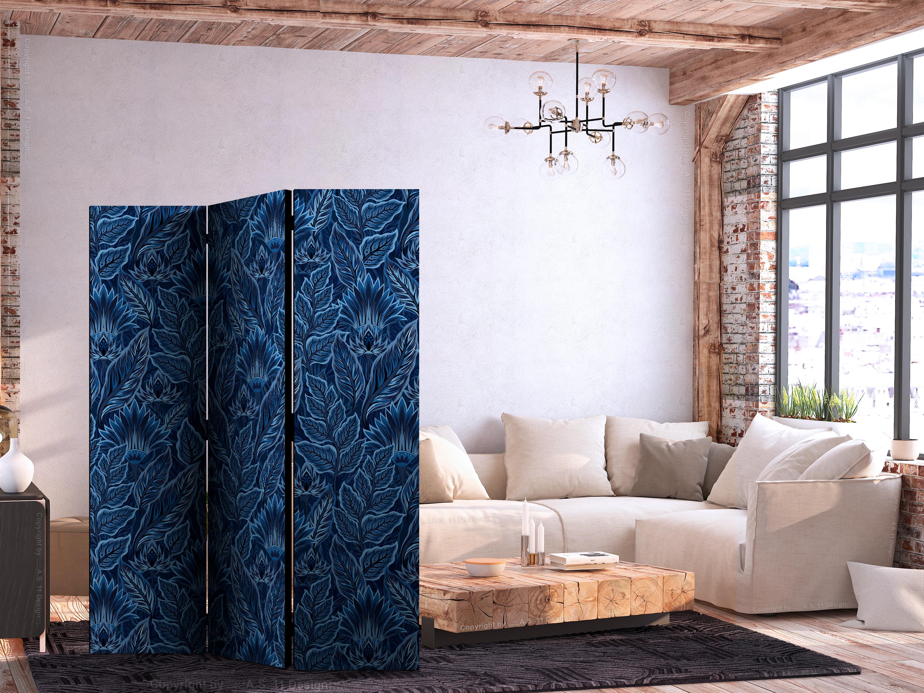 Skærmvæg med botanisk mønster - tæt vegetation i blå, 3-panel - 135 x 172 cm - Akustik billede
