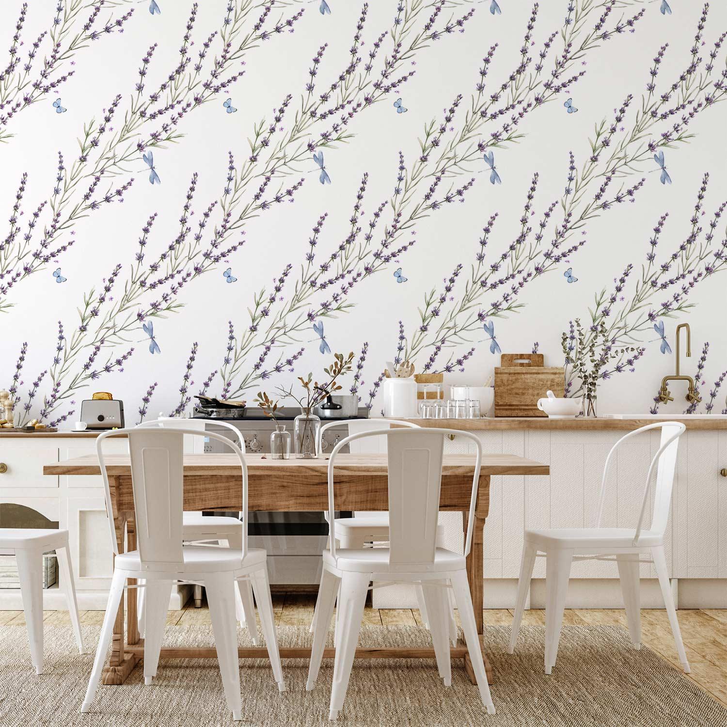 Tapet med lavendel og sommerfugle - fototapet til væg i Standard, Premium, Selvklæbende eller Vandtæt - 50 x 1000 cm - Vandtæt