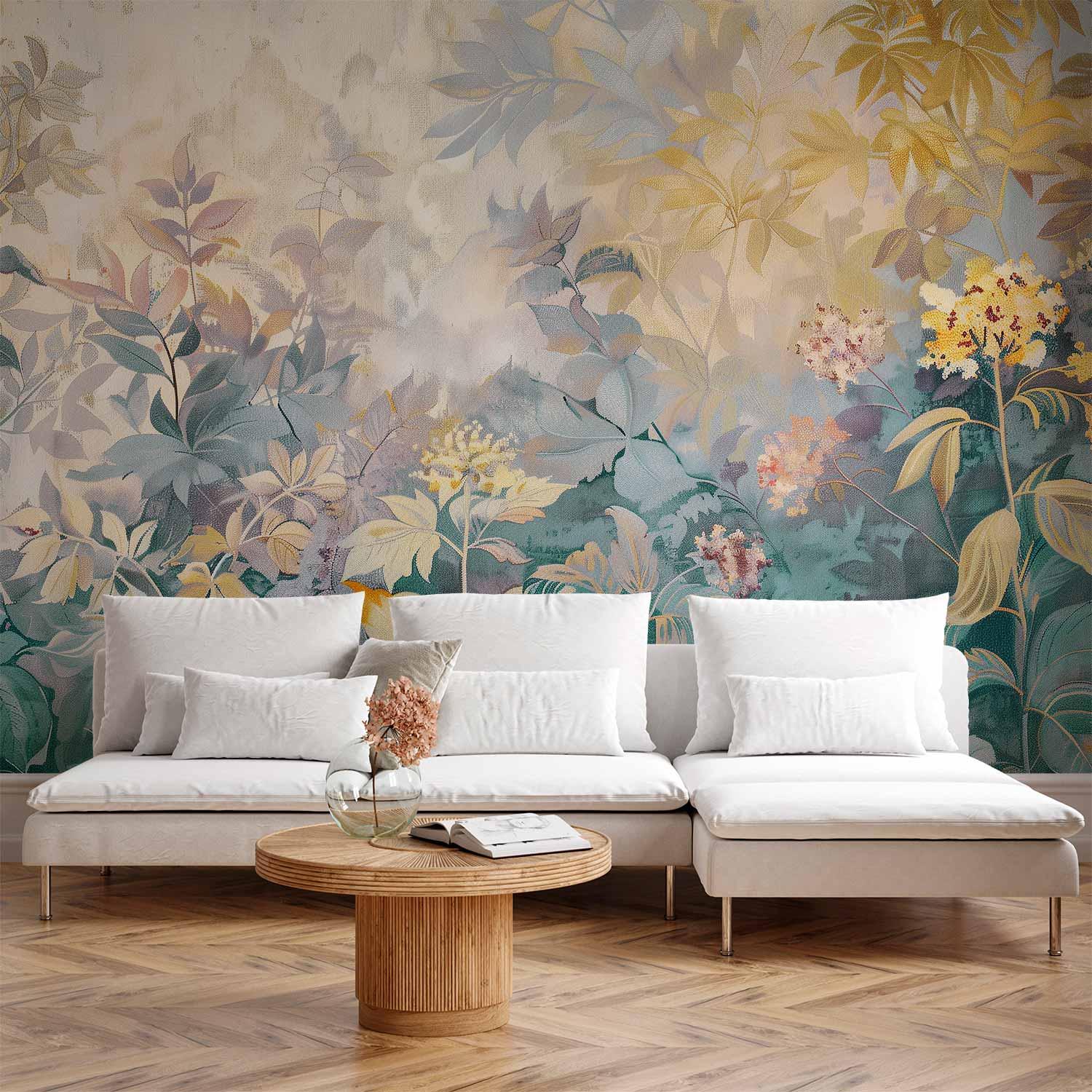 Fototapet med blomstereng og forårsmotiv - gobelininspireret vægdekoration - 500 x 350 cm - Standard
