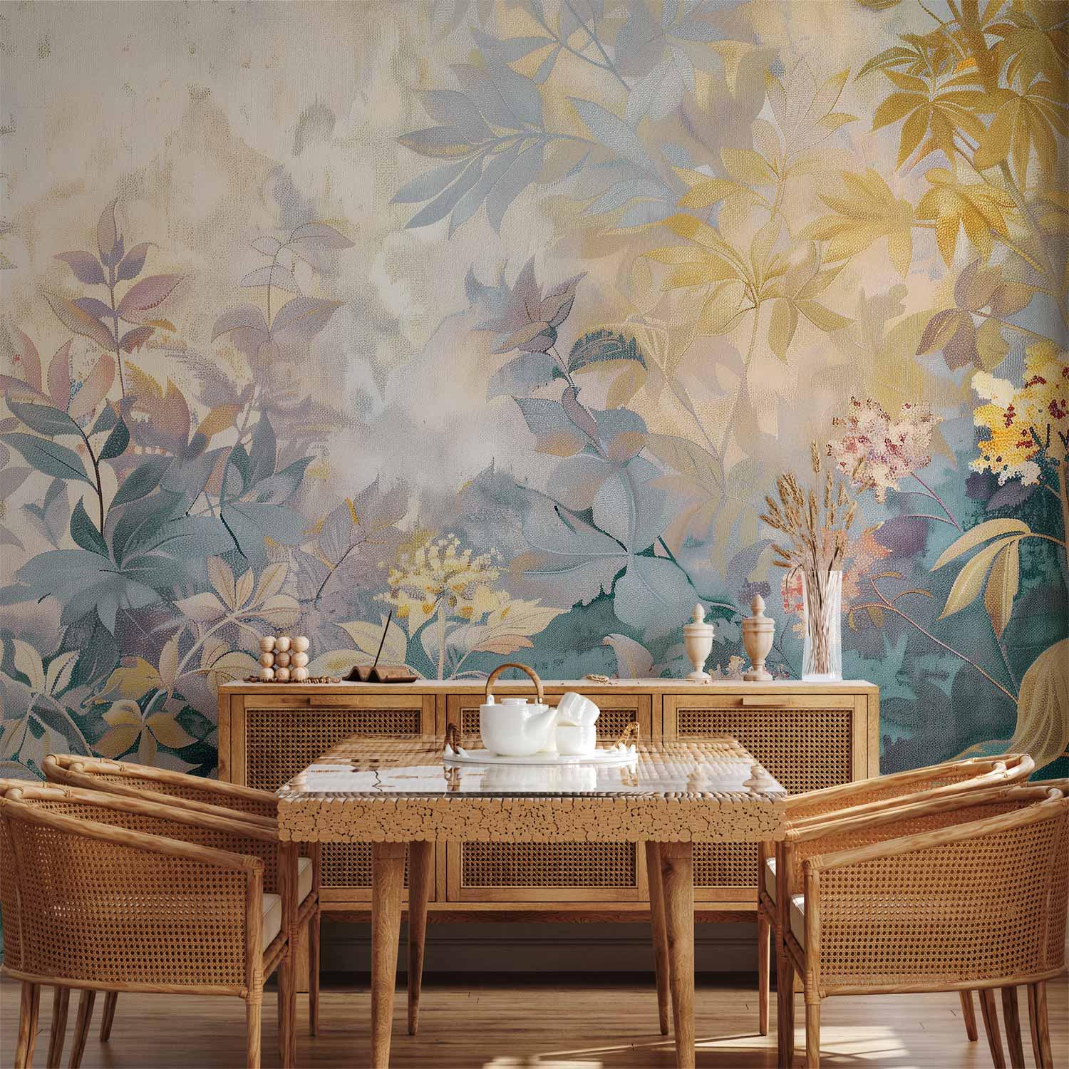 Fototapet med blomstereng og forårsmotiv - gobelininspireret vægdekoration - 500 x 350 cm - Vandtæt