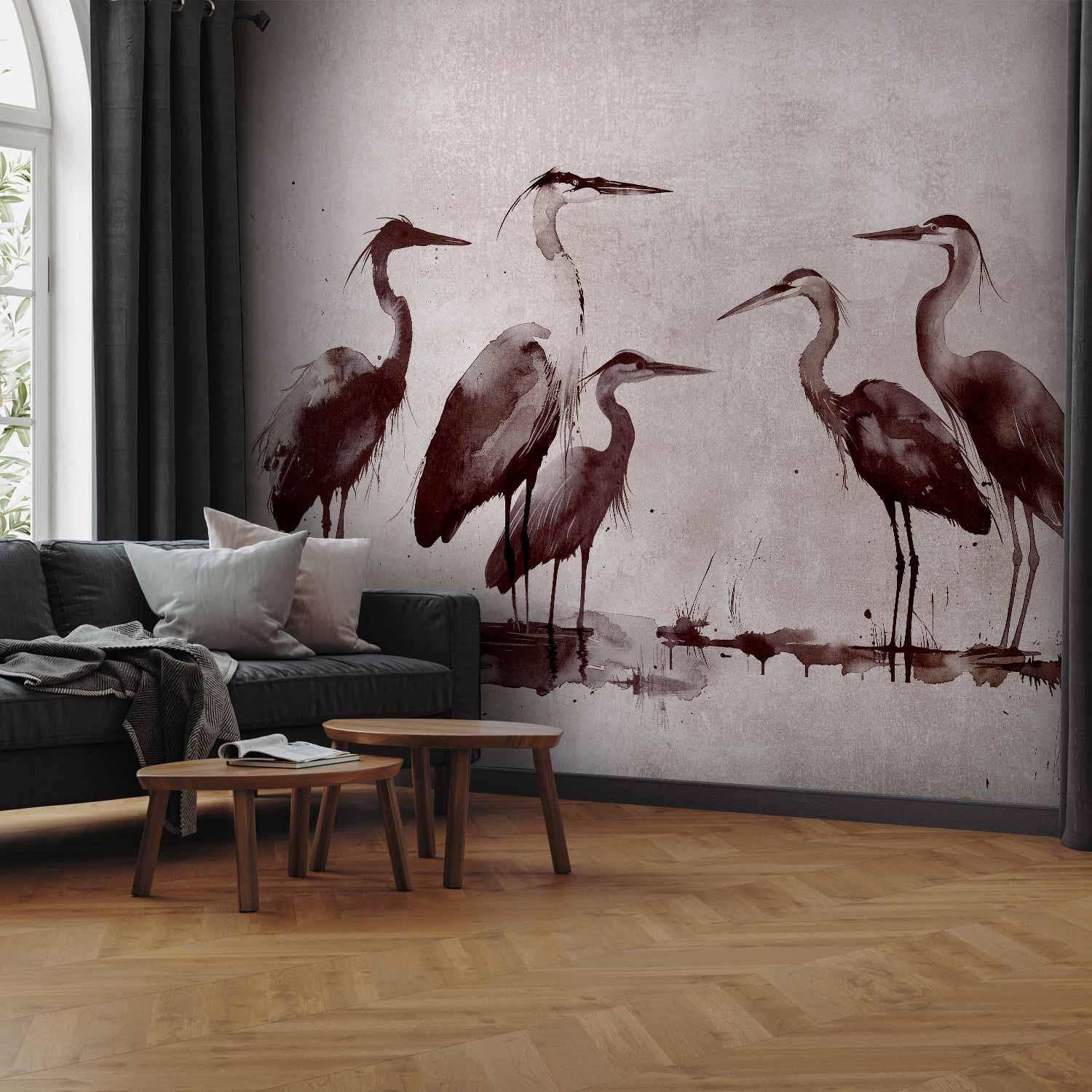 Fototapet med hejrer i blæk - 400 x 280 cm - Standard billede