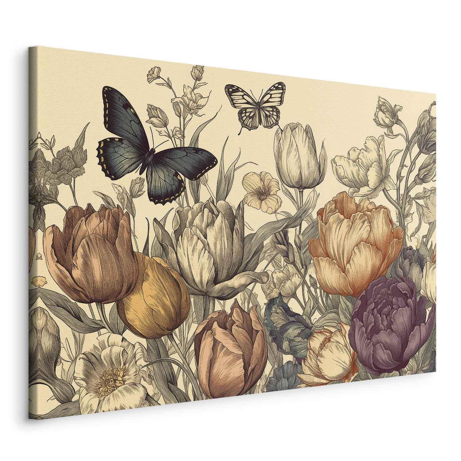Billede på lærred med farverige tulipaner på cremebaggrund - blomsterbillede til væg - 60 x 40 cm - På italiensk lærred