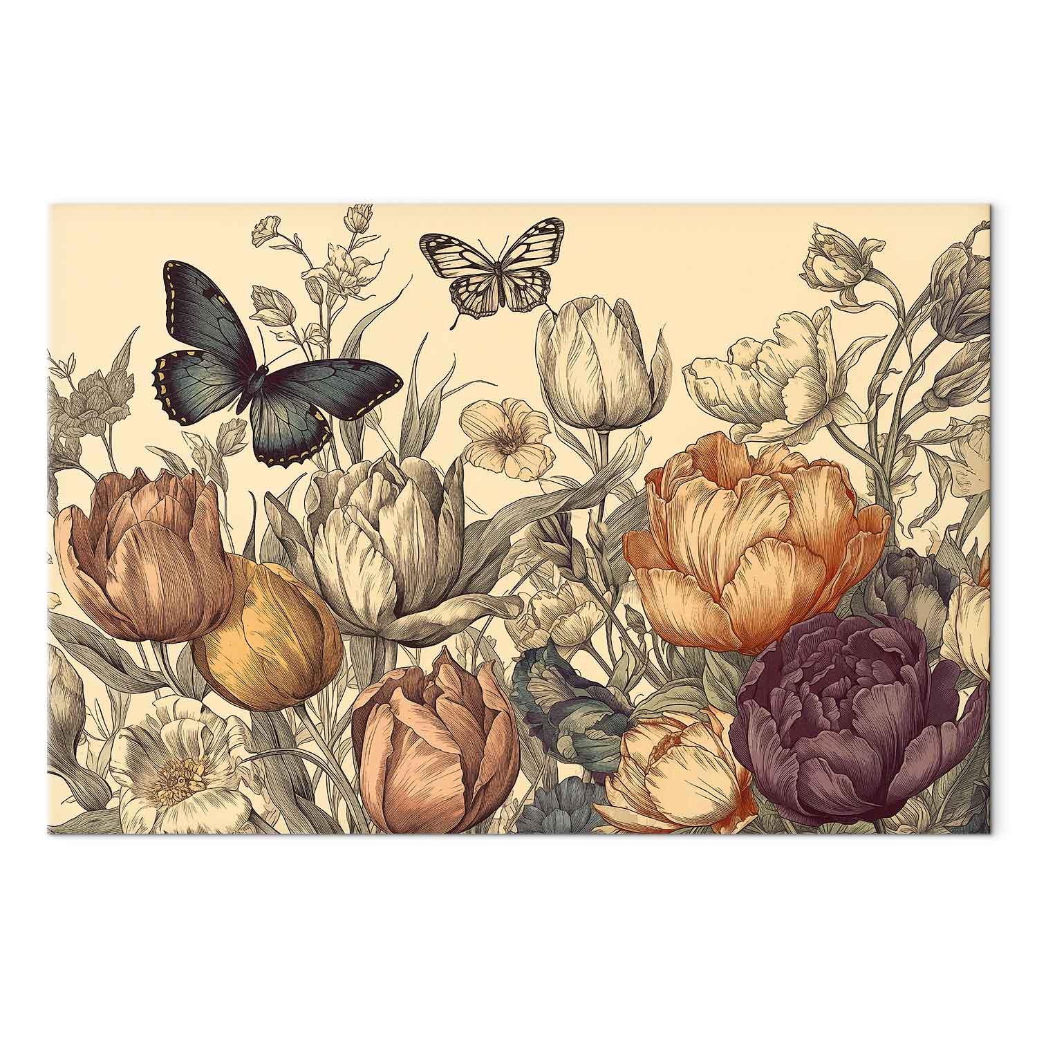 Billede på lærred med farverige tulipaner på cremebaggrund - blomsterbillede til væg - 60 x 40 cm - Akustisk