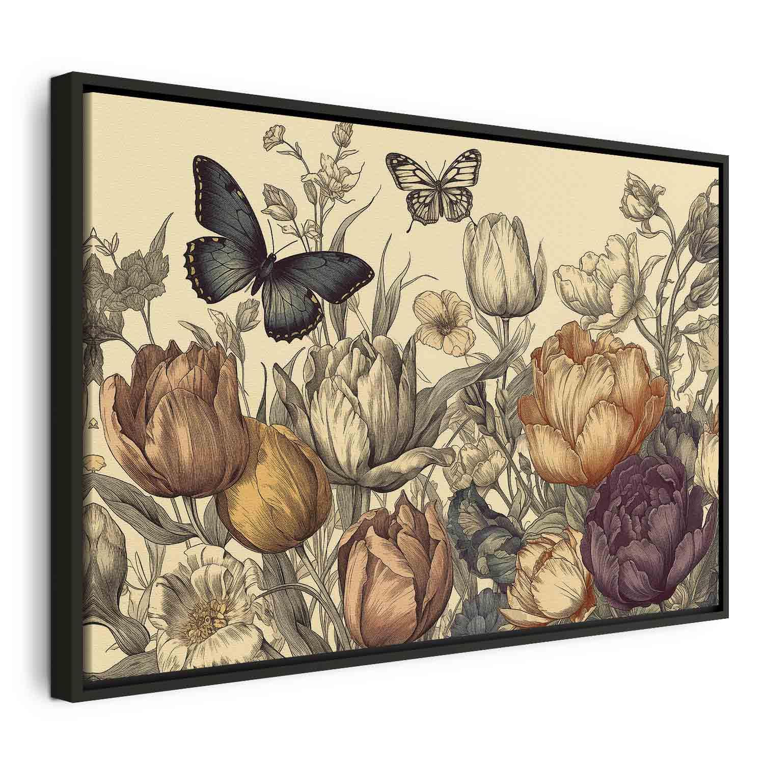 Billede på lærred med farverige tulipaner på cremebaggrund - blomsterbillede til væg - 60 x 40 cm - I en sort træramme