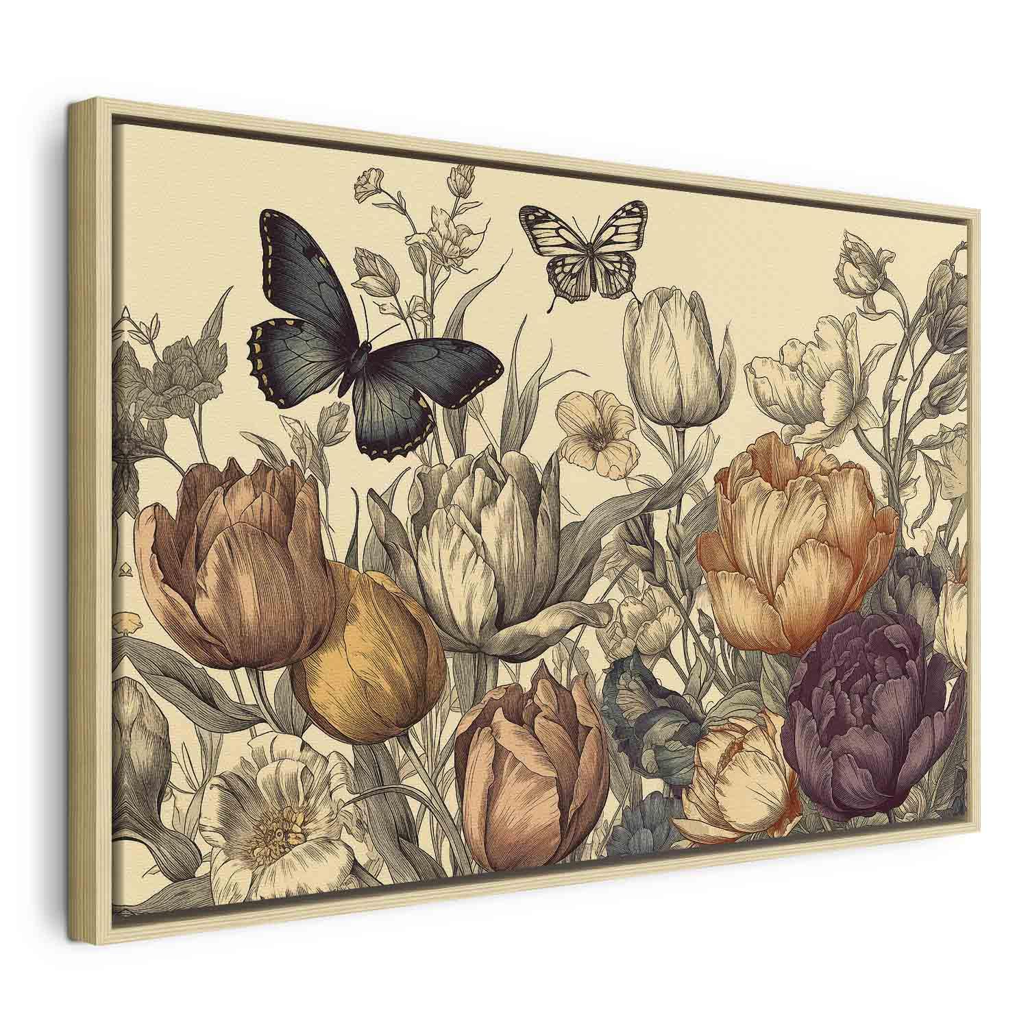 Billede på lærred med farverige tulipaner på cremebaggrund - blomsterbillede til væg - 60 x 40 cm - I en naturlig træramme