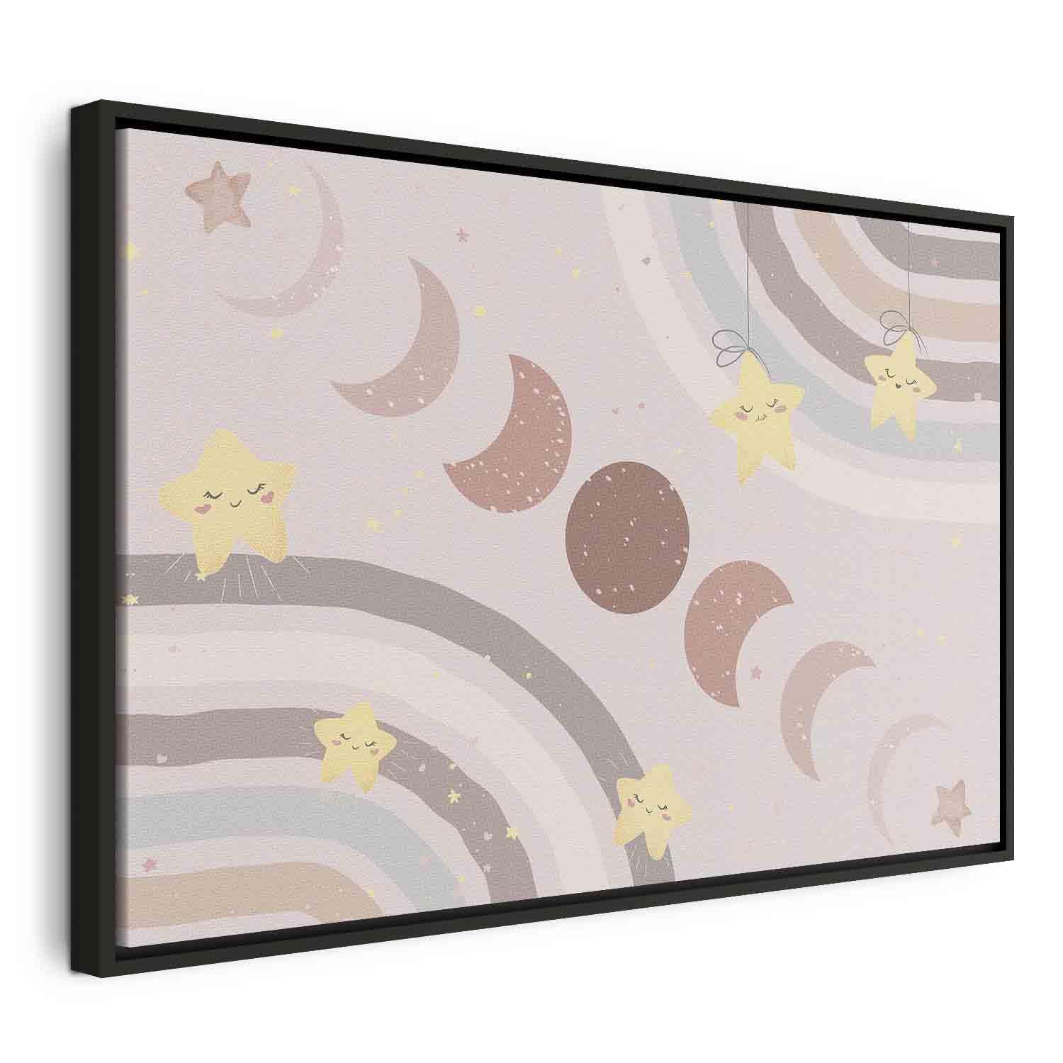 Billede på lærred til børn - Joyful Sky med gule stjerner, regnbue og månefaser - 60 x 40 cm - I en sort træramme billede