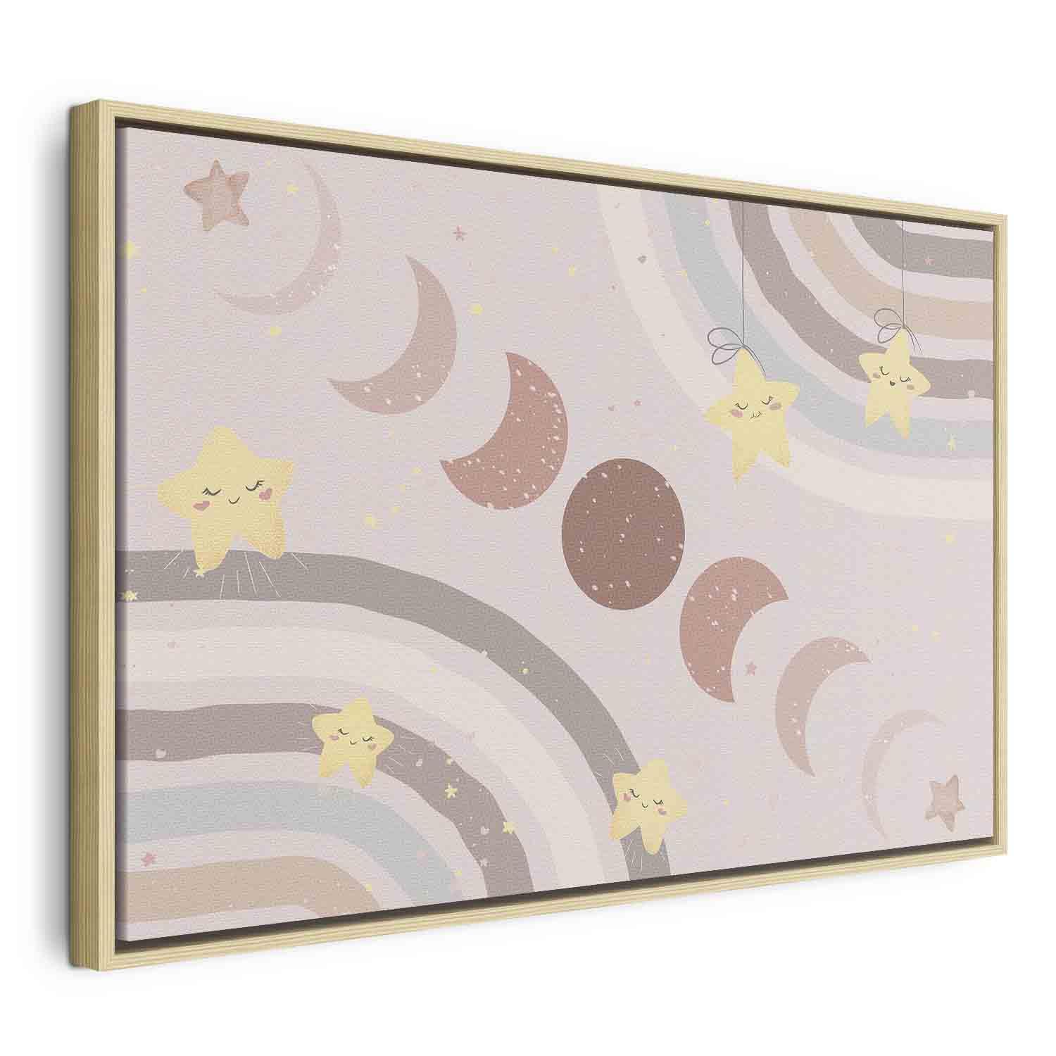 Billede på lærred til børn - Joyful Sky med gule stjerner, regnbue og månefaser - 60 x 40 cm - I en naturlig træramme billede