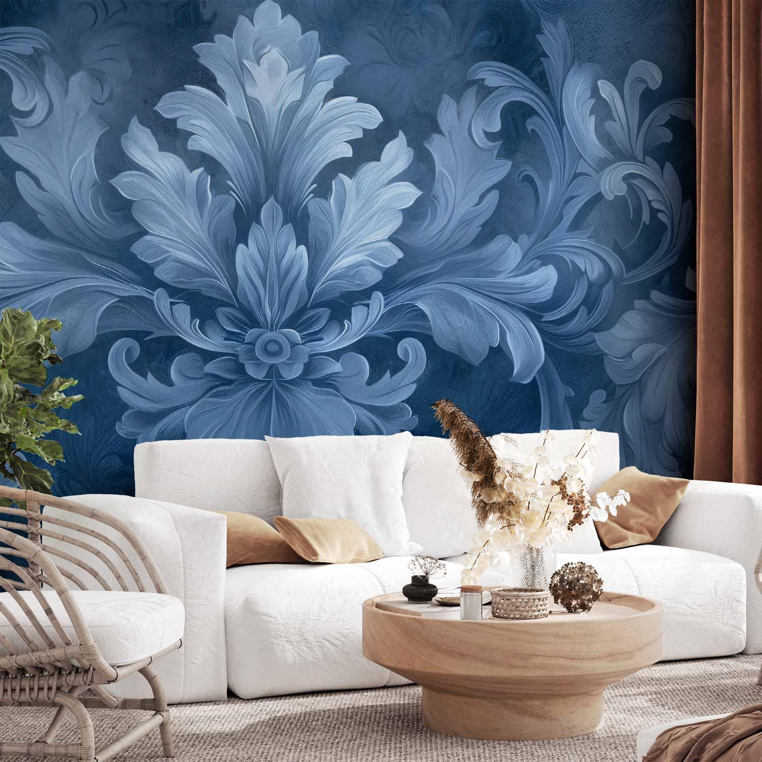 Fototapet med blå ornamenter - mørkeblå vægdekoration i kølige farver - 400 x 280 cm - Standard