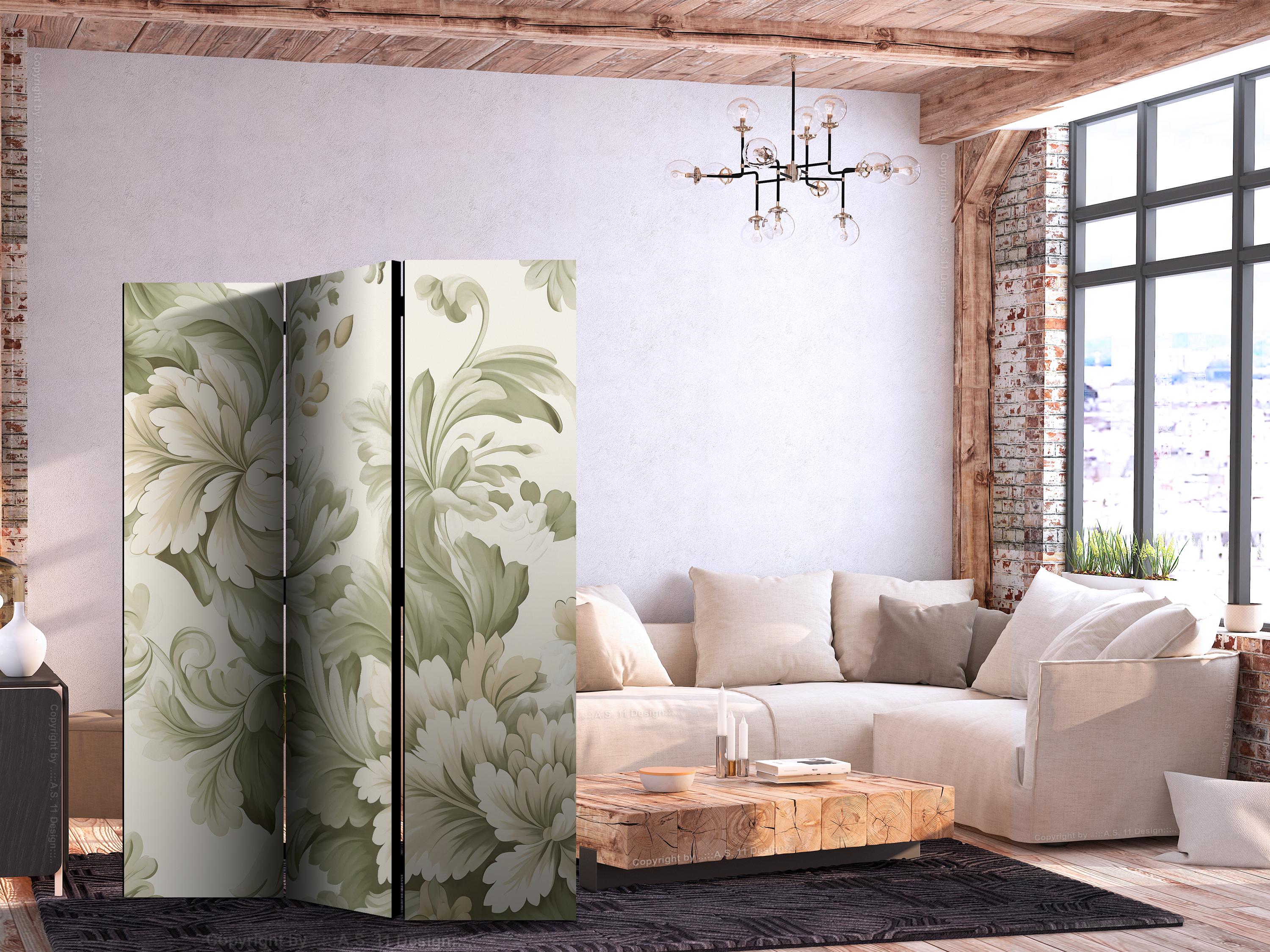 3-panels skærmvæg med retro vintage blomster i bløde creme- og grønne nuancer - 135 x 172 cm - Enkeltsiddet billede