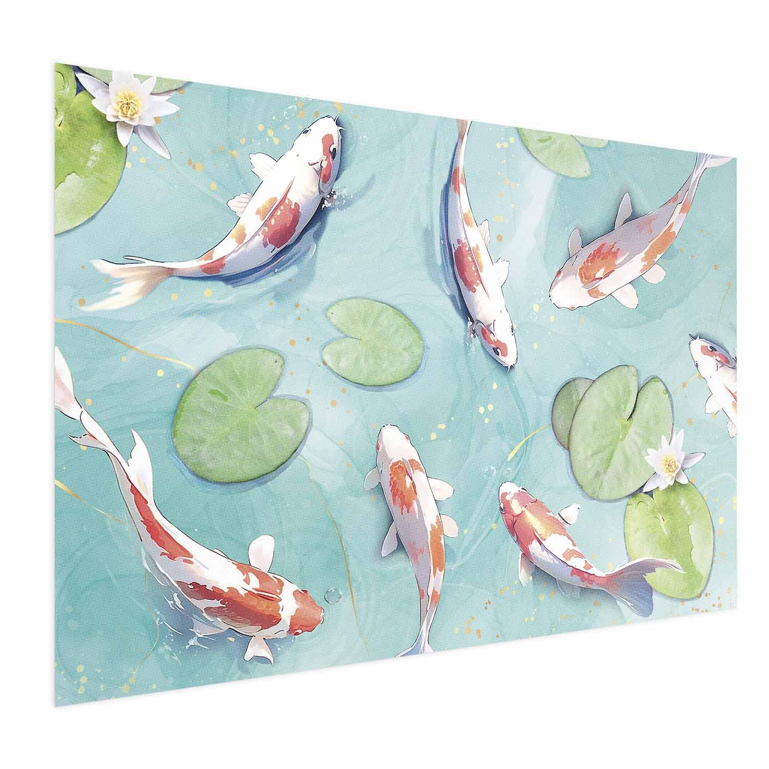 Plakat - Dam i Japan med koi-karper og åkander til vægdekoration - 60 x 40 cm - Uden ramme