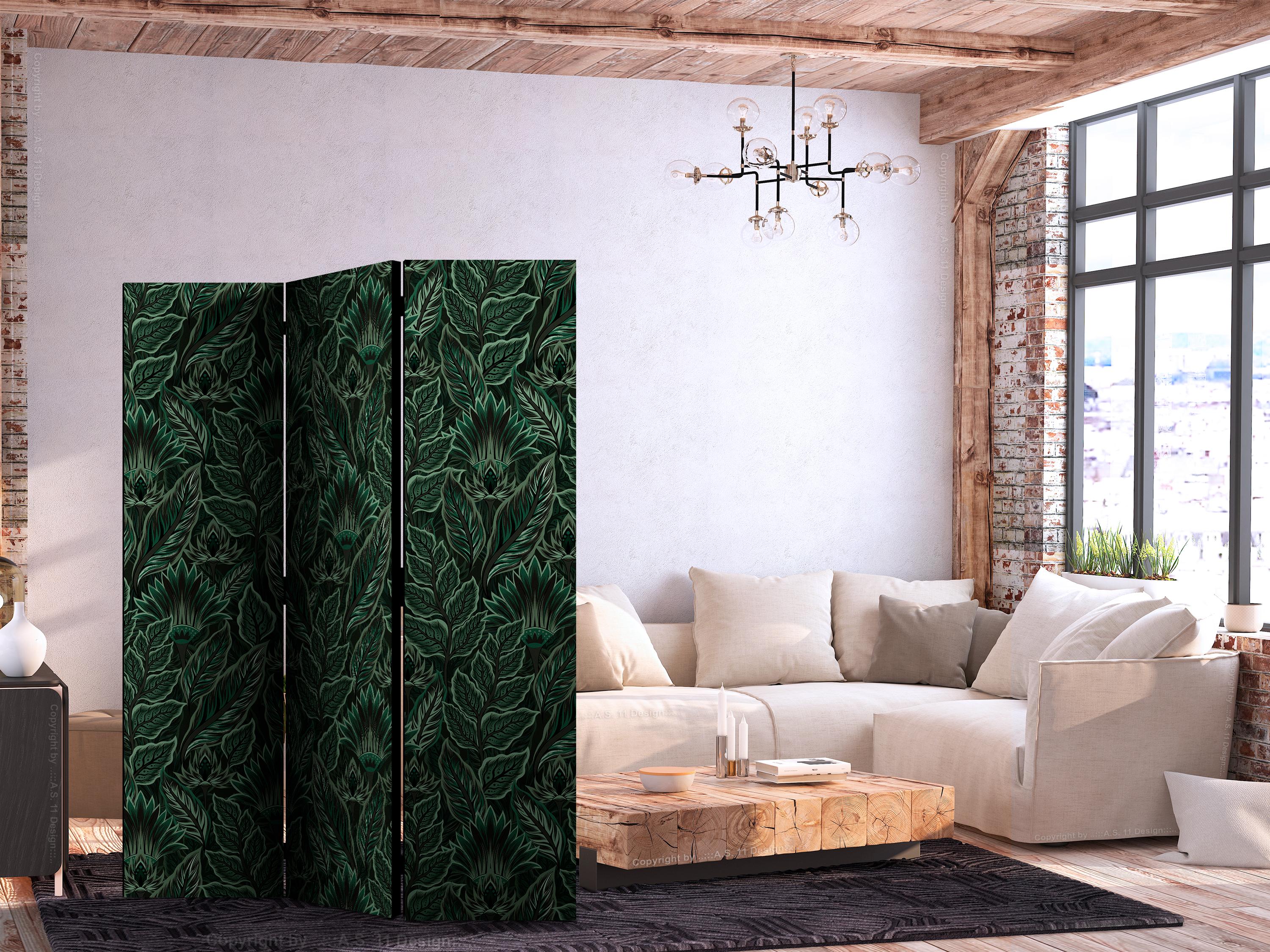 3-panels skærmvæg med botanisk mønster - tæt vegetation, grøn, 135 x 172 cm - 135 x 172 cm - Akustik billede
