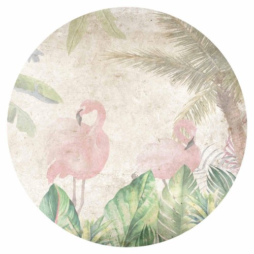 Rundt fototapet Fugle i junglen med flamingoer og blade