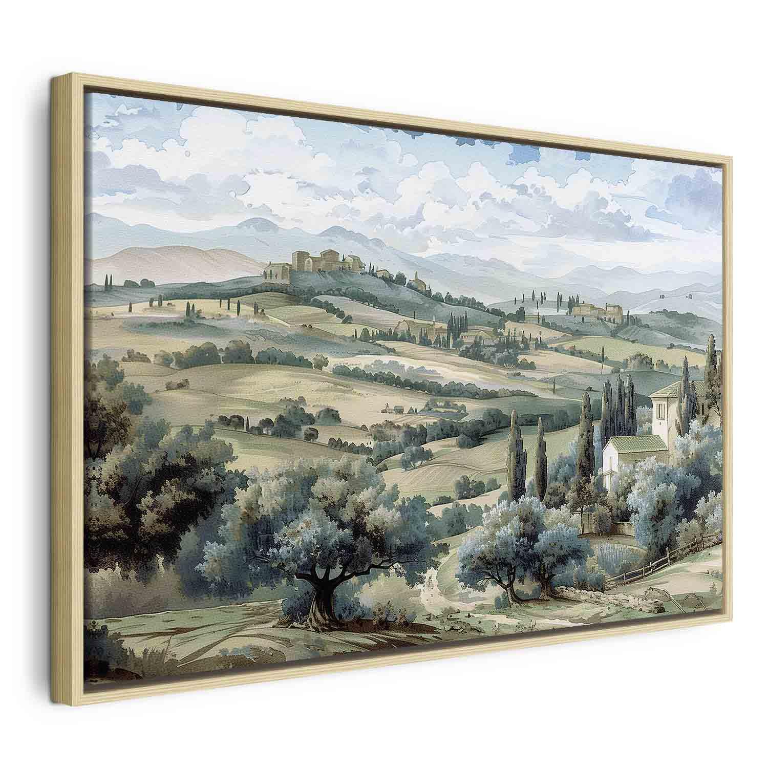 Lærredsbillede med toskansk landskab, grønne marker og træer - vægdekoration i flere varianter - 60 x 40 cm - I en naturlig træramme