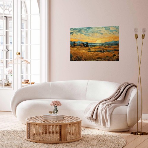 Plakat med impressionistiske marker og gyldent landskab