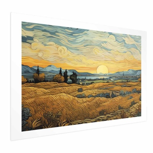 Plakat med impressionistiske marker og gyldent landskab