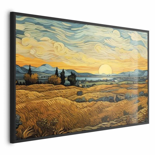 Plakat med impressionistiske marker og gyldent landskab