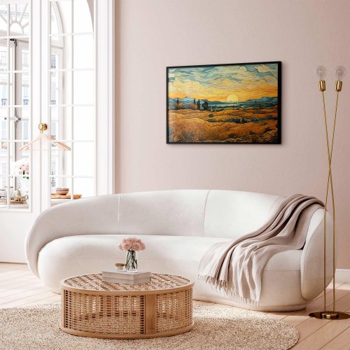 Plakat med impressionistiske marker og gyldent landskab
