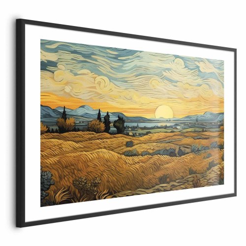 Plakat med impressionistiske marker og gyldent landskab