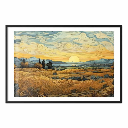 Plakat med impressionistiske marker og gyldent landskab