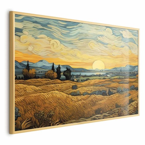 Plakat med impressionistiske marker og gyldent landskab