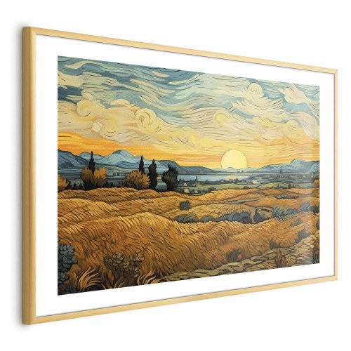 Plakat med impressionistiske marker og gyldent landskab