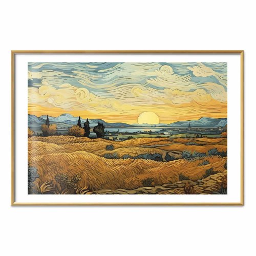 Plakat med impressionistiske marker og gyldent landskab
