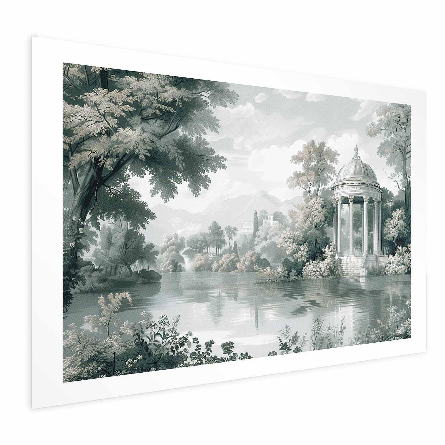 Plakat med landskab, park og sø i retrogrønne nuancer - 30 x 21 cm - Uden ramme billede