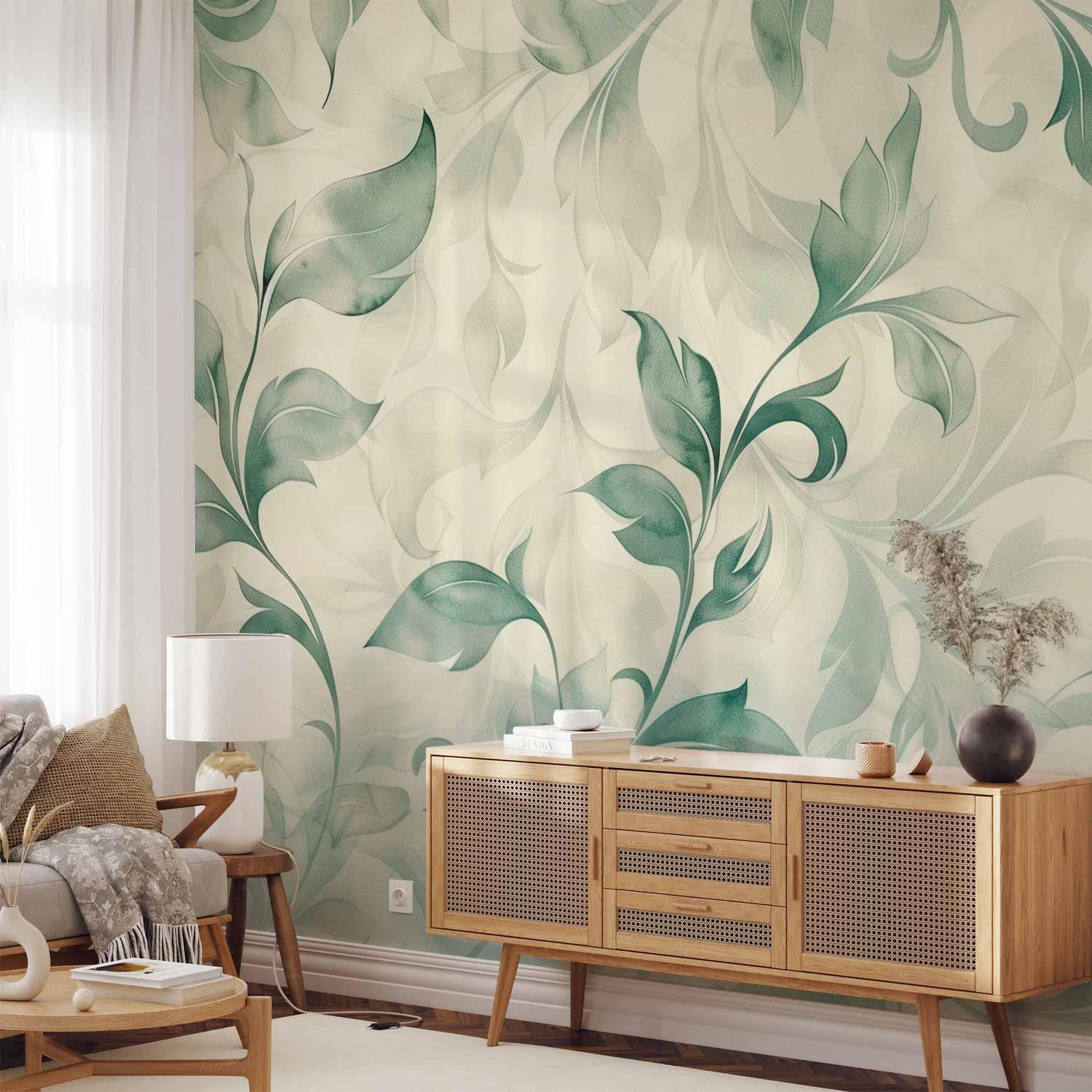 Fototapet med akvarel botanisk motiv - delikate grøn-beige blade til væg - 400 x 280 cm - Standard