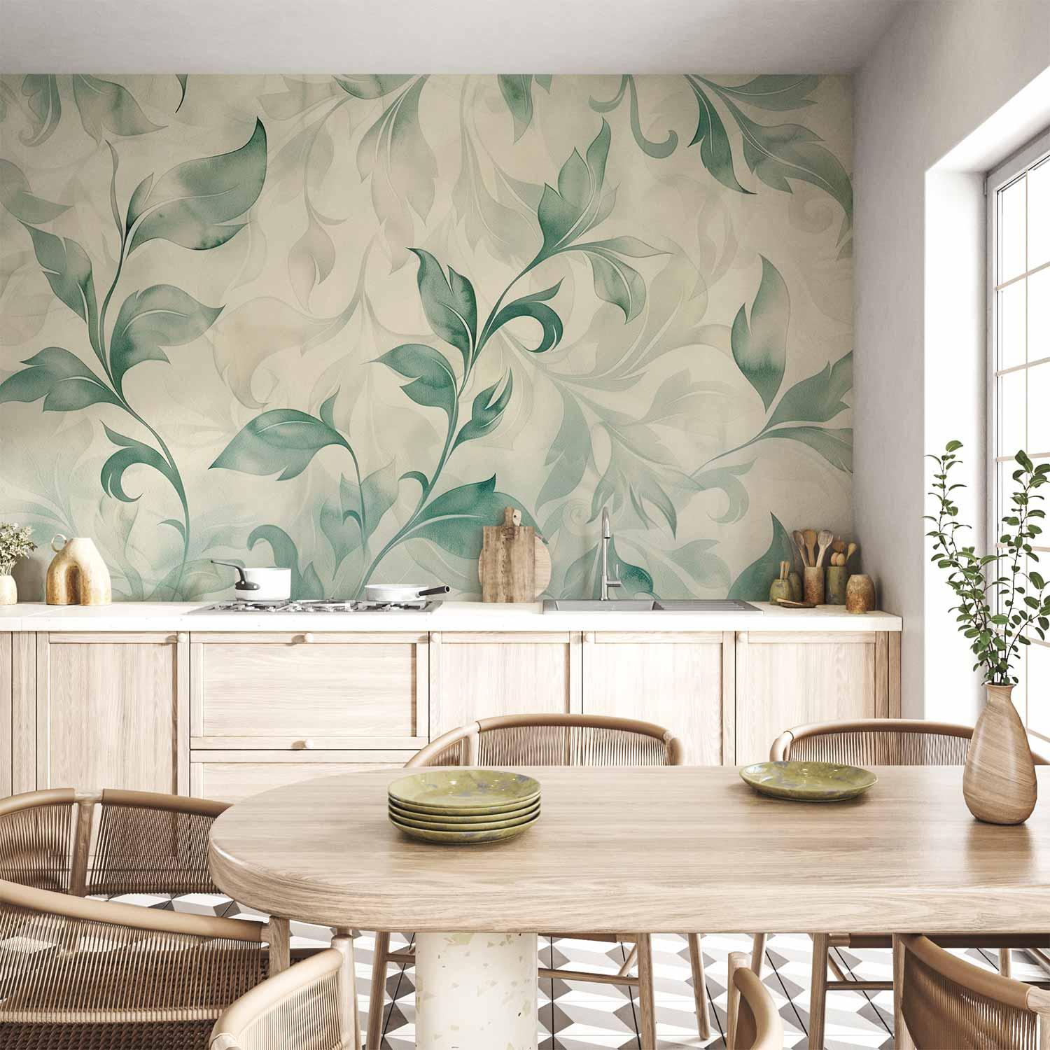 Fototapet med akvarel botanisk motiv - delikate grøn-beige blade til væg - 100 x 70 cm - Vandtæt
