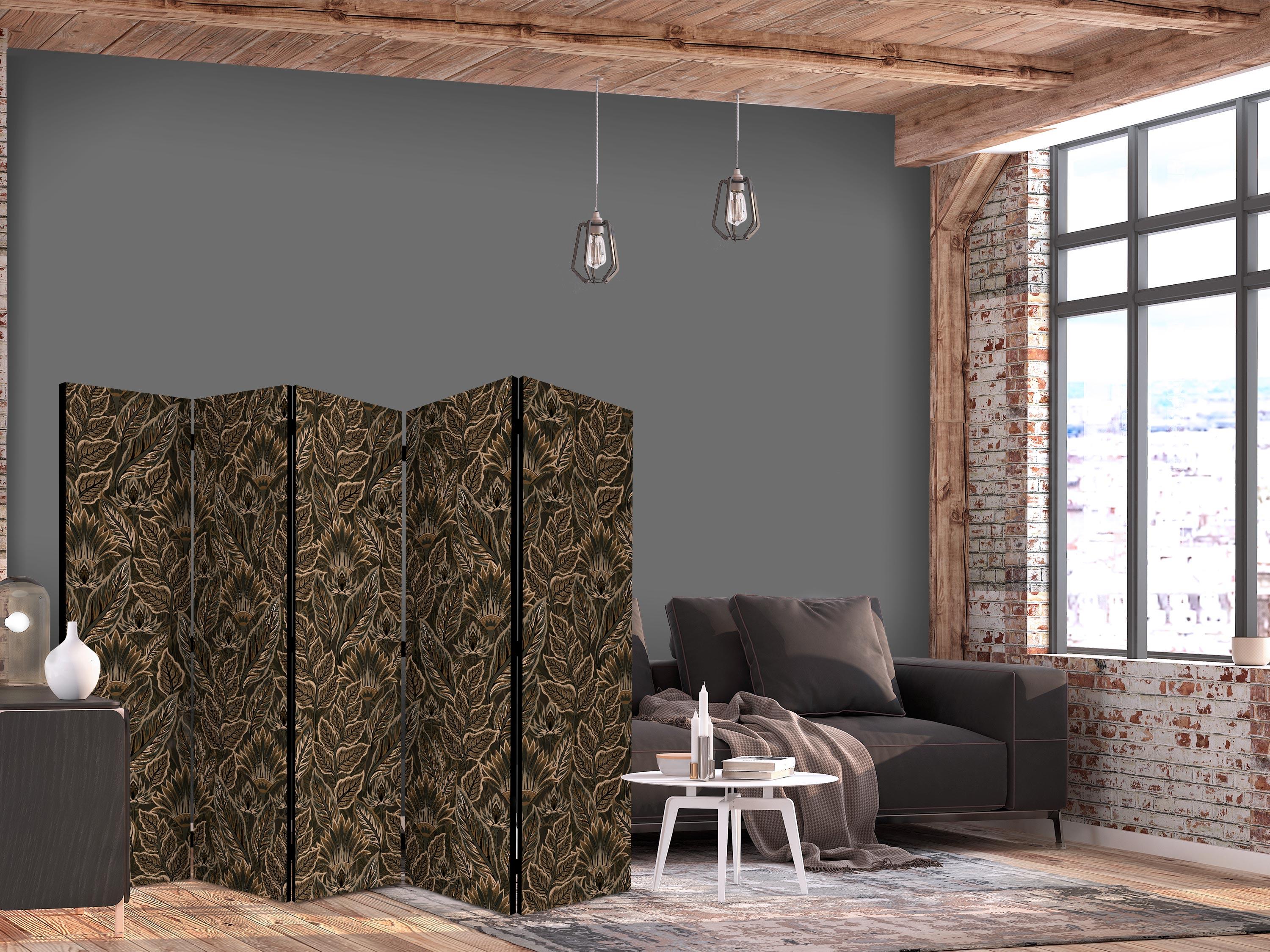 5-panels skærmvæg med botanisk mønster - tæt vegetation i brun, 225 x 172 cm - 225 x 172 cm - Akustik billede