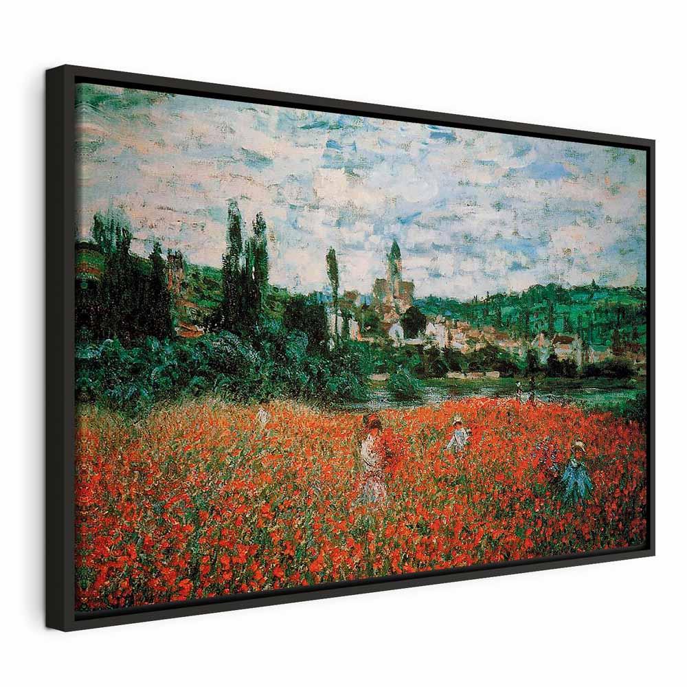 Claude Monet - Valmuemark nær Vétheuil billede på lærred, reproduktion i flere størrelser og varianter - 120 x 80 cm - I en sort træramme