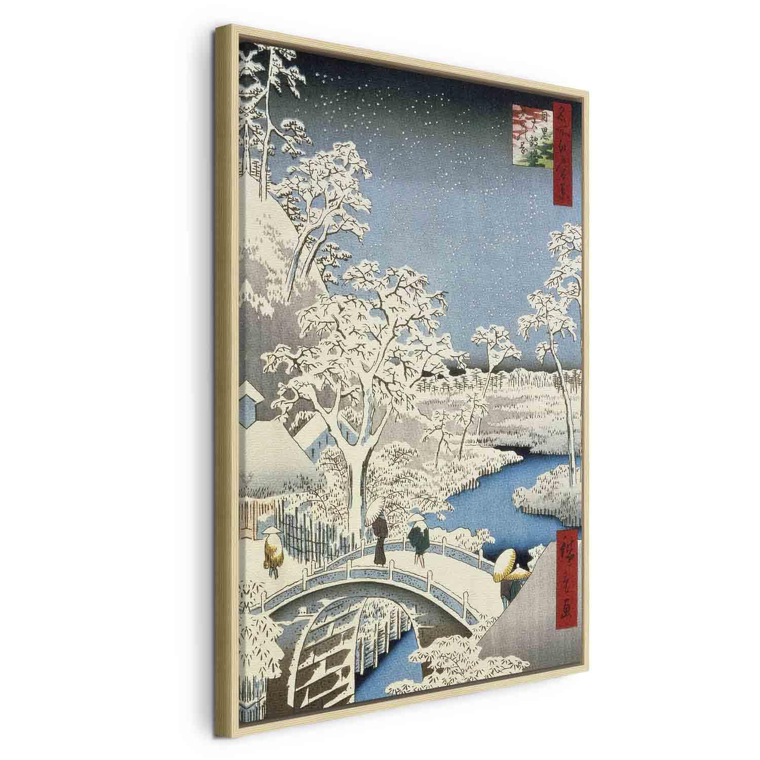 Utagawa Hiroshige lærredsbillede - Trommebroen og Solnedgangshøjen ved Meguro - 40 x 60 cm - I en naturlig træramme billede