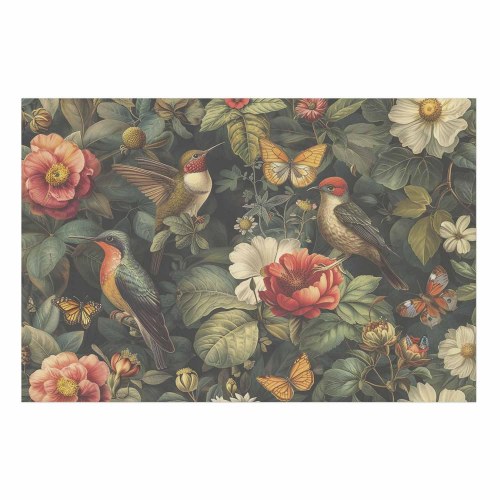 Plakat med blomster, fugle og sommerfugle i vintagestil