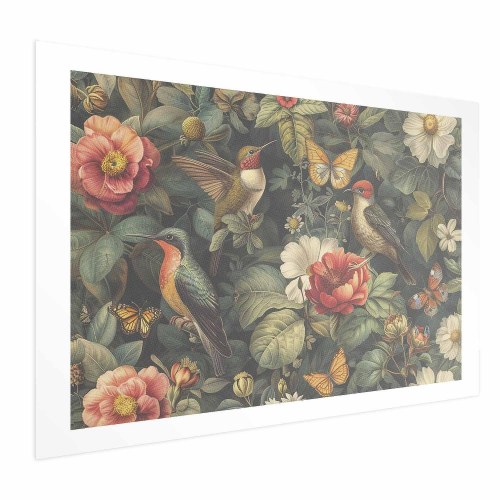 Plakat med blomster, fugle og sommerfugle i vintagestil