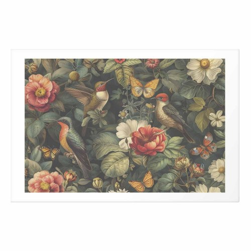 Plakat med blomster, fugle og sommerfugle i vintagestil