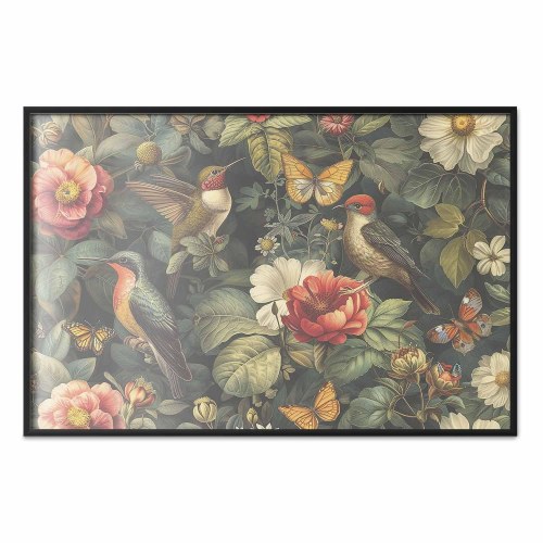 Plakat med blomster, fugle og sommerfugle i vintagestil