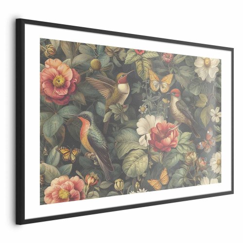 Plakat med blomster, fugle og sommerfugle i vintagestil