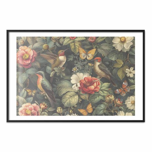 Plakat med blomster, fugle og sommerfugle i vintagestil