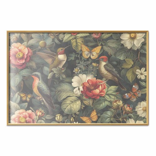 Plakat med blomster, fugle og sommerfugle i vintagestil