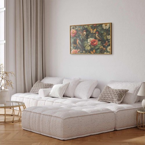 Plakat med blomster, fugle og sommerfugle i vintagestil