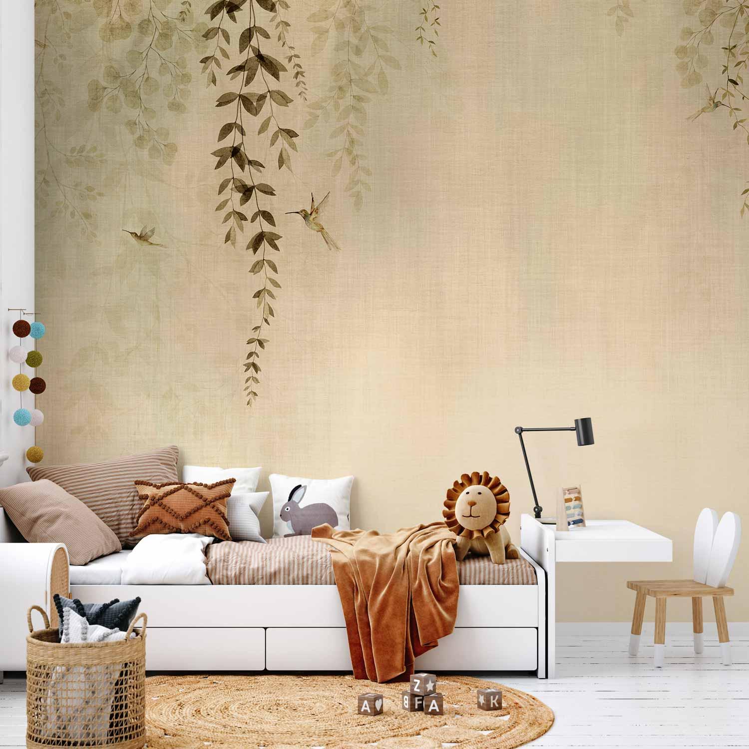 Fototapet Beige Kolibrier med Blade - 500 x 350 cm - Standard