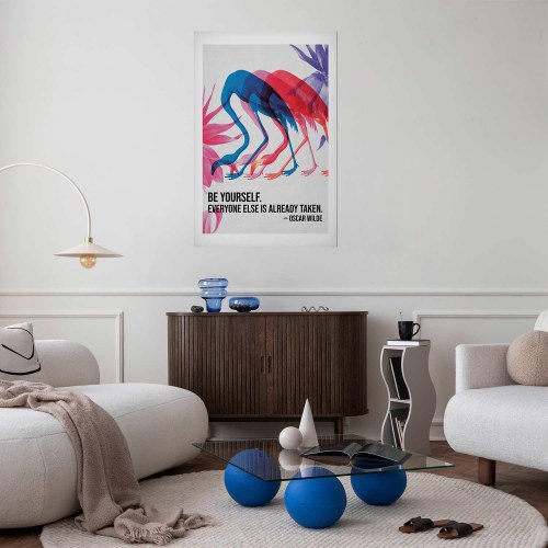 Plakat Colorful Repetition med flamingoer og citat