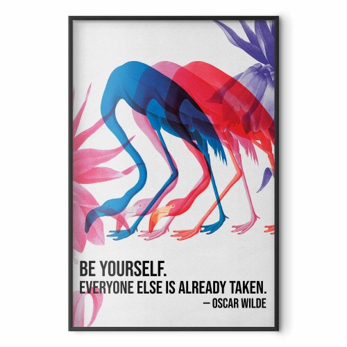 Plakat Colorful Repetition med flamingoer og citat