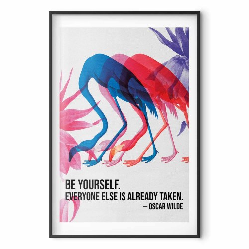 Plakat Colorful Repetition med flamingoer og citat