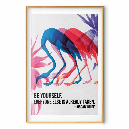 Plakat Colorful Repetition med flamingoer og citat