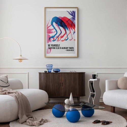 Plakat Colorful Repetition med flamingoer og citat