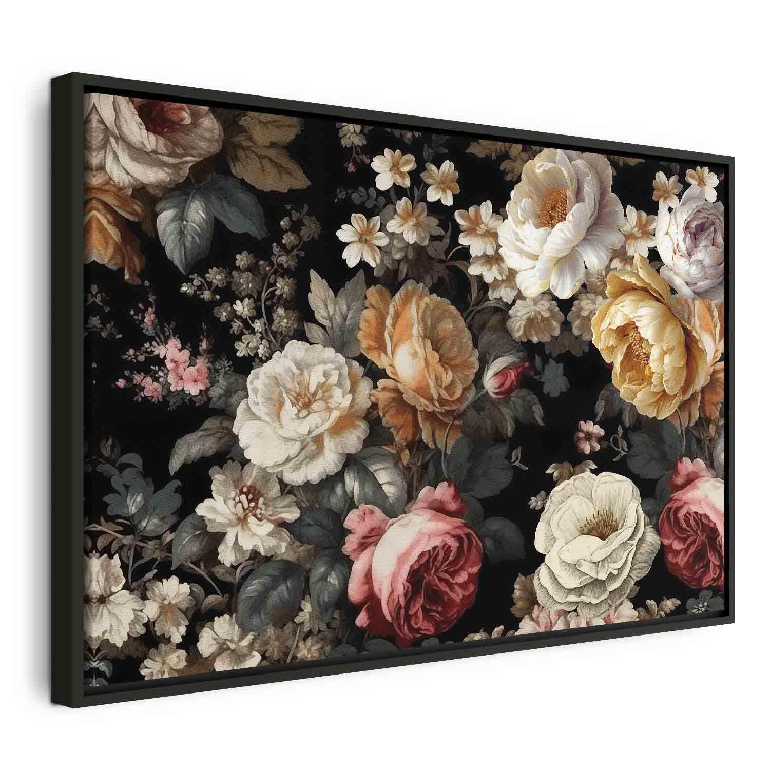 Blomsterbillede på lærred - farverige blomster på sort baggrund til vægdekoration - 60 x 40 cm - I en sort træramme